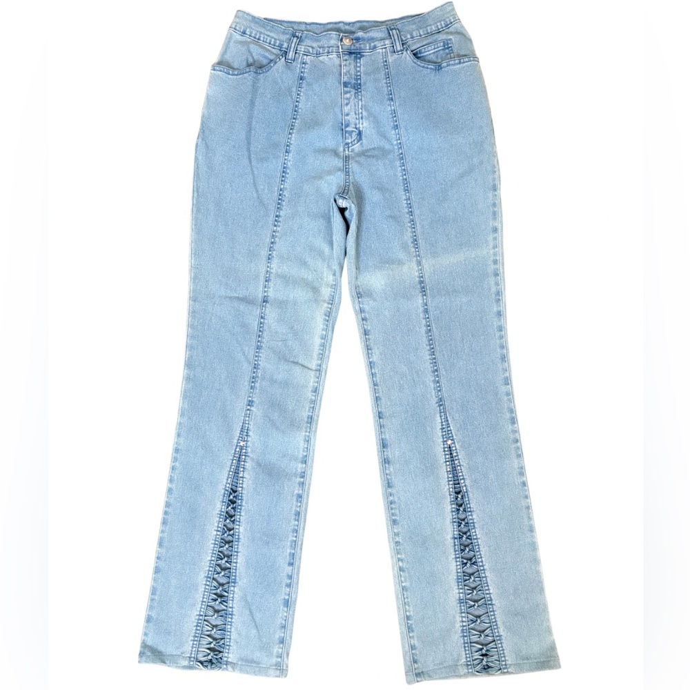 LAFEI NEIR High Rise Wide Leg Jeans Size 10 Swarovski Lace Up Y2K 90’s Stretch